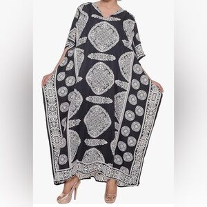 Caftan Dress Long Maxi Paisley Print Gown Beach Cover Up, Black,OS
